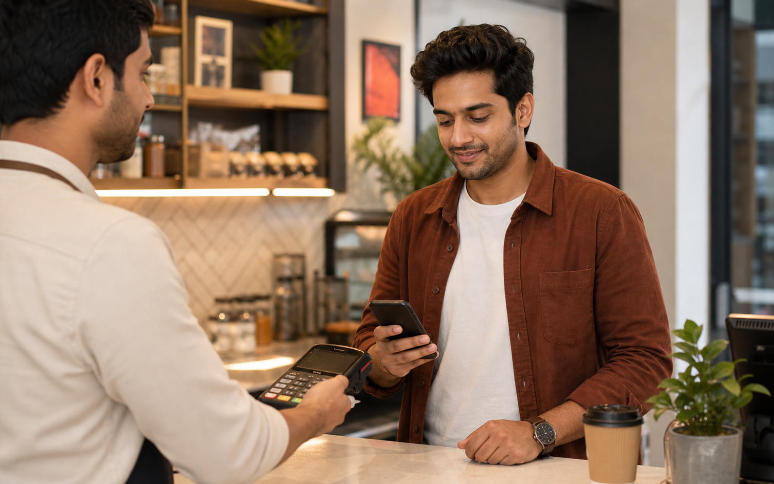 Indian user checking mobile payment before using a card